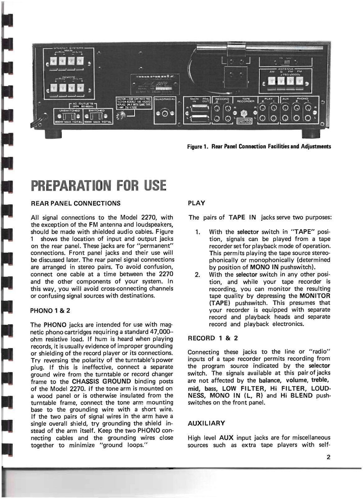 MARANTZ 2270 Receiver User Manual Operation Instructions Guide – SPIRAL BINDING