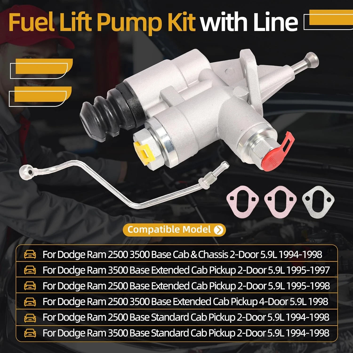 3936316 Fuel Lift Pump w/ Line 1994-98 Dodge Ram 2500 3500 Cummins 5.9L 6BT 12V
